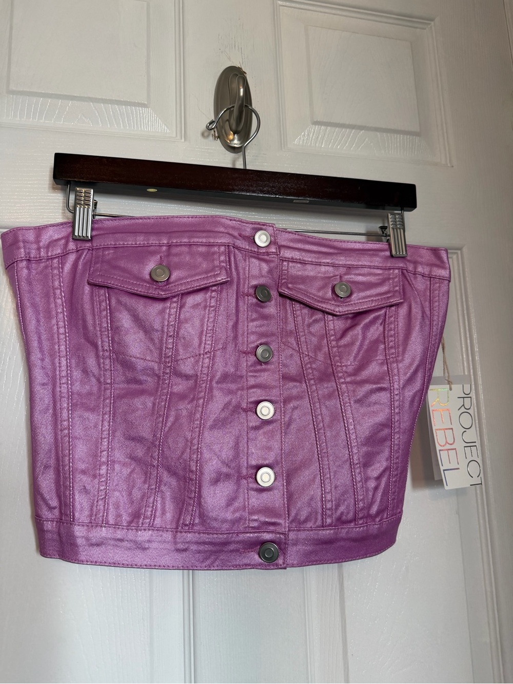 Faux Leather Strapless Bustier Top in Shimmering Orchid